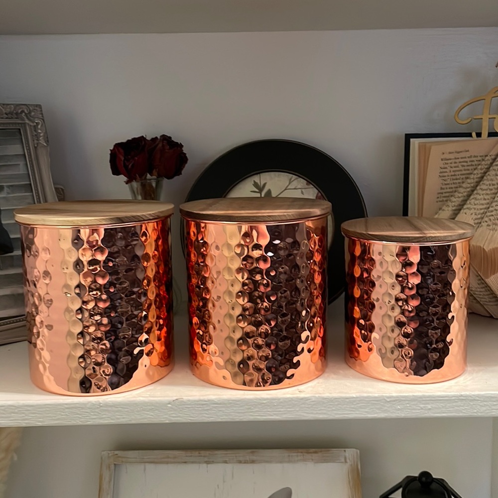 Uncommon James rose gold hammered canisters never used